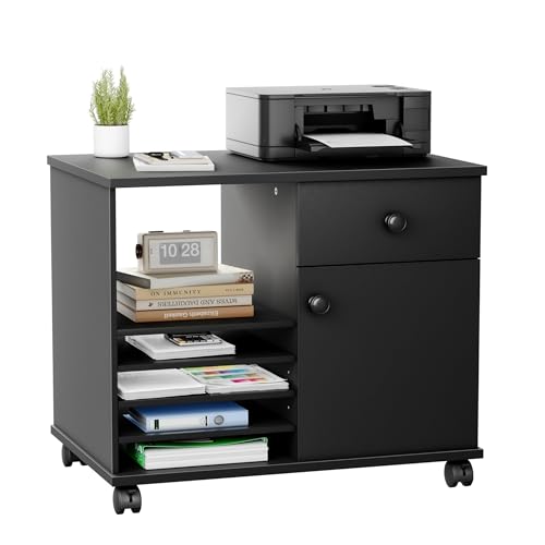 Quikraen Wooden Rolling File Cabinet with Open Shelves & Lockable Door, 23.6" Mobile Storage Cabinet on Wheels, Lateral Office Filing Cabinet with Drawer for Home Office, Black