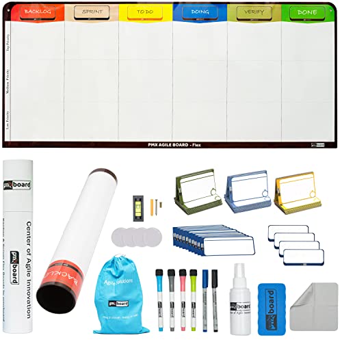 PMXBOARD 6-Column Magnetic Kanban Board Kit – Board + 106 Magnetic Cards | Flex Dry Erase Scrum & Project Planning Whiteboard