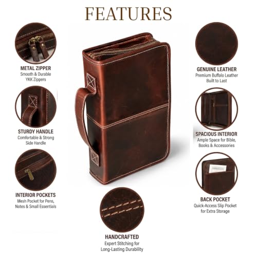 Vintage Crafts Bible Cover Book Cover Planner Cover with Handle and Back Pocket (Medium, Dark Brown Leather, Zipper Closure)