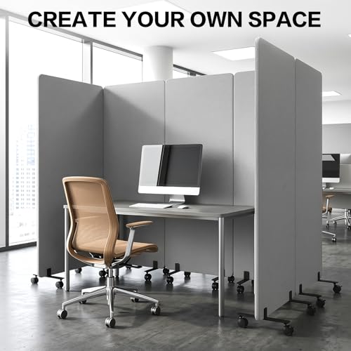 70.8×65.75 Inch Wall Divider, Freestanding Office Partitions, Noise Cancelling Room Dividers, Wall Partition with 12 Lockable Wheels, Office Divider for Classroom, Hospital (light gray, 65.75H-Pulley)