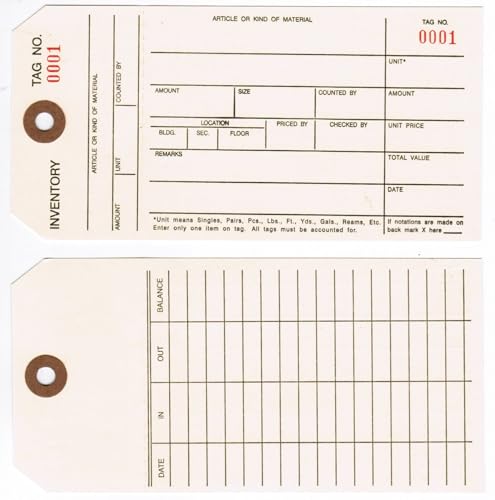 Inventory Tags, 1-Part, Manila, 6-1/4" x 3-1/8", Random Sequential Numbers, Perforated Stub, Fiber Reinforced Hole - Box / 1,000 Tags