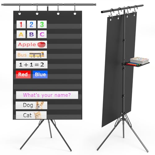 Pocket Chart Stand with Standard Pocket Chart, Height Adjustable Tripod Anchor Holder up to 62.99", 4 Anti-Drop S-Hooks, Teacher Supply Tray for Classroom & Homeschool