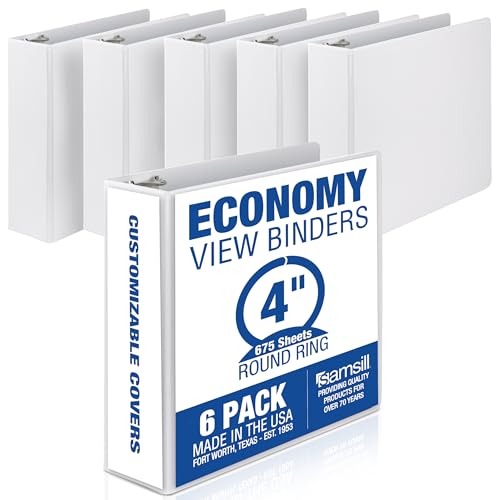 Samsill 4 Inch 3 Ring Binders, Economy Round Ring, Clear View Cover, 675 Sheet Capacity - for School, Home, Office - White, 6 Pack