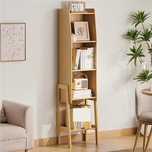 Modern Bedside Organizer Side Table, Bookshelf with Open Space, Bamboo Bookcase Cabinet, Thin End Table with Storage Shelf for Bedroom, Living Room(Natural,14.6" Lx10.6 Wx57.5 H)