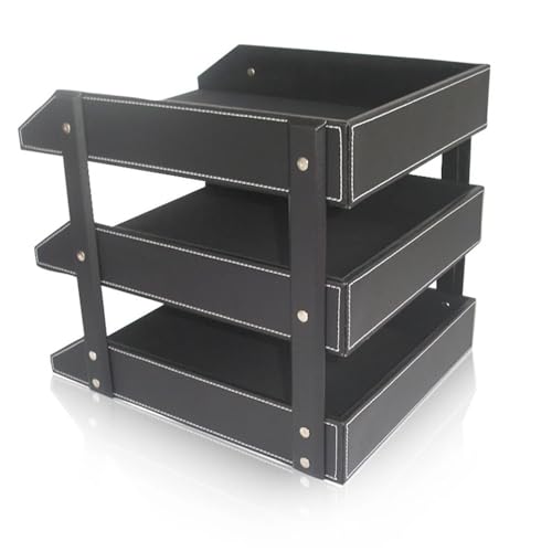 AKOUFAL Office Supplies 3 Layers File Rack PU Leather A4 Document Tray Shelf Frame Paper Desk Organizer Home Magazine Tray Letter Holder(Black)