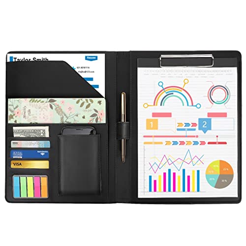 Folder PU Leather Resume Conference Legal Document Organizer with A4 Size Clipboard, Business Card Holders
