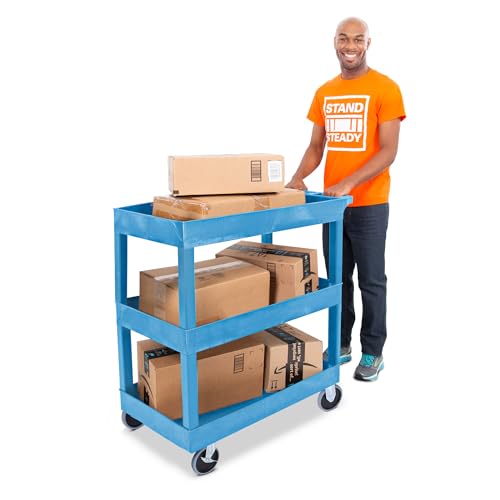 Stand Steady Tubstr 3 Shelf Utility Cart | Made in USA | Heavy Duty Tub Cart Holds Up to 500 lbs. | Storage Cart & Rolling Tool Cart for School, Office, Garage & Warehouse (32 x 24in / Blue)