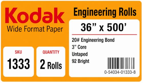 KODAK Wide Format Paper 36 x 500 FT 20# Engineering Bond, 3" Core, 2 Rolls/Ctn