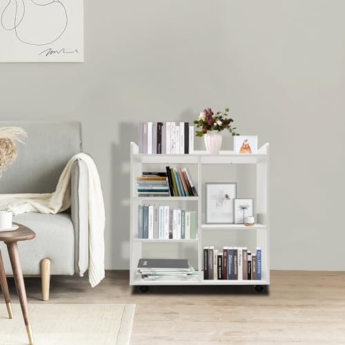 Book Shelf 5 Cube Short Bookshelf Bookcase, File Cabinet Filing Storage Cabinets, Low Shelf Cubbies Book Case with 360° Wheels and Dividers, Cube Organizer Shelf for Home Office (Warm White)