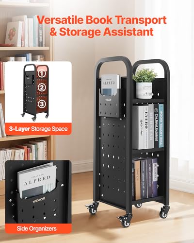 VEVOR Rolling Library Book Cart, 220 lbs Capacity, 12.6 x 13.8 x 36.8-Inch Library Cart, Single Sided L-Shaped Shelves with 2-Inch Lockable Wheels, Book Truck for Home Shelves Office and School, Black