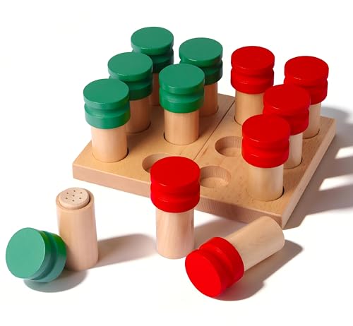 Montessori Smelling Bottles Empty - 6 Pair Set Beechwood, Montessori Sensorial Materials for Kids, Olfactory Sensory Toys for Homeschool Preschool, Wooden Smell Jars with Guide for Natural Scents