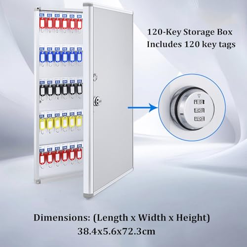 Laohucai Key Cabinet Key Lock Box Wall Mount, Aluminum Alloy Box Safe Storage Cabinet Large Capacity with Key Tags and Adjustable Hooks for Hotels Schools Businesses Real Estate Car Dealert(120 Key)