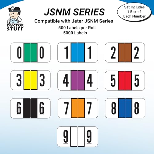 Doctor Stuff - File Folder Labels, Complete Set of Numbers 0-9, Jeter 3000 Match - JSNM Series Chart Stickers, 3/4" x 1-1/2", 1 Each of 10 Rolls, 500/Roll