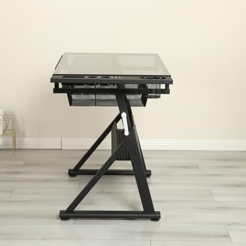 Japovker Adjustable Height Drafting Table with Storage Drawers & Stool for Adults, Glass Art Desk with Side Storage Strips, Drawing Table with Tilted Tabletop for Art Office Study (Black+Glass A)