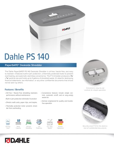 Dahle PaperSAFE PS 140 Paper Shredder, Oil Free, Jam Protection, Security Level P-4, 10 Sheet Max, Shreds Staples, Paper Clips & Credit Cards