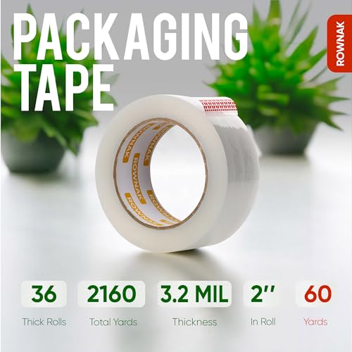 ROWNAK Clear Packing Tape 36 Rolls - Heavy Duty Packaging Tape 3.2mil Thick, 2.0 in. Wide x 60 Yards - Strong Adhesive, Silent, Reliable Package Tape for Home Office Shipping Moving Sealing
