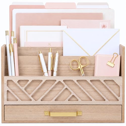 BLU MONACO | Wooden Mail Organizer with Drawer and Gold Handle | Outgoing Mail Holder and Letter Sorter for Desk | Natural Wood Desktop Paper Organizer
