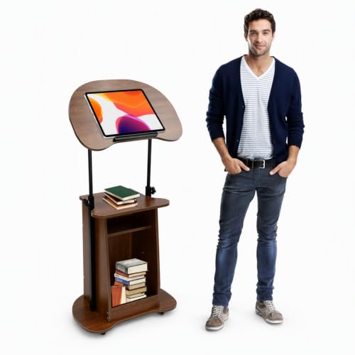 Lectern Podium Stand, Mobile Height Adjustable Church Classroom Lecture, Standing Laptop Cart, Portable Presentation Concert Teacher Rolling Podium (Brown)