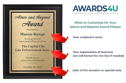 Above and Beyond Award Plaque 8x10 Custom Plaque for Appreciation and Employee Recognition - Customize Now!