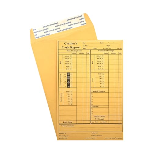 400 Cashier Depot - Cashier's Cash Report Envelopes HK960S, 6" x 9", Open End, Heavy 28lb. Brown Kraft, Peel & Seal Closure, 400 Count