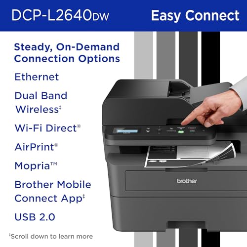 Brother DCP-L2640DW Wireless Monochrome Laser All-in-One Printer, Print Scan Copy, 34 PPM Duplex Printing, 50-Sheet ADF, Ethernet & Mobile Printing, USB Printer Cable and Print Like a Pro eBook Bundle