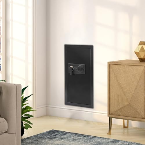 In-Wall Hidden Safe with Electronic Lock - Wall Mounted Safe for Home & Office, Dual Alarm Security, Password & Key Entry for Jewelry, Cash, Documents, 14.57x3.94x25.59 inch, Black