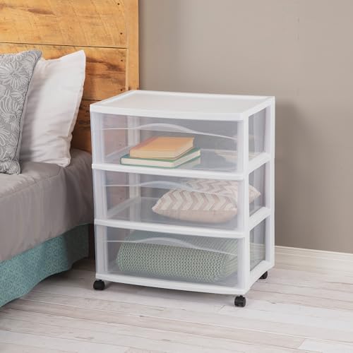 Sterilite Wide 3-Drawer Cart with Wheels for Bedroom and Dresser, 4-Pack