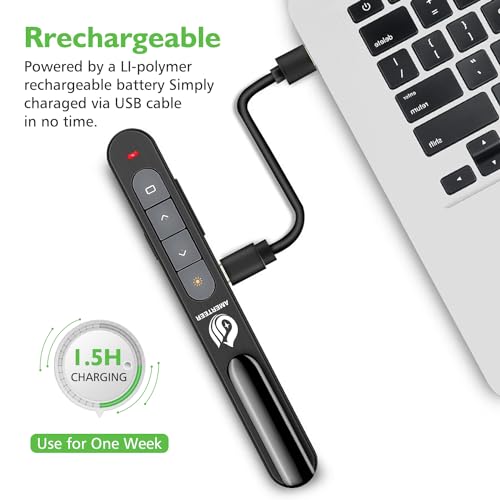 AMERTEER Wireless Presentation clicker for Powerpoint Presentations, Green Light Rechargeable Powerpoint Clicker with Laser Pointer Support Hyperlink RF 2.4GHz (1 PCS)