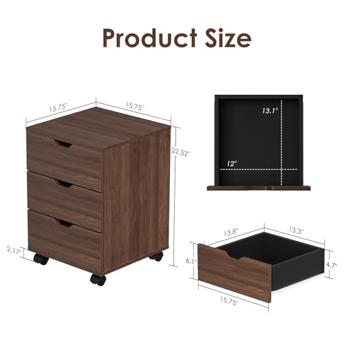 TERRUPEX Rolling File Cabinet for Home Office, 3-Drawer Vertical Mobile Filing Cabinet Under Desk, Small Wooden Storage Unit with Casters, White Mobile File Cabinets for A4/Letter (Brown)