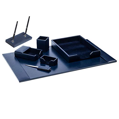 Dacasso Bonded Set Luxury Leather Desk Pad & Desk Organization Essentials, 7 Piece, Navy Blue