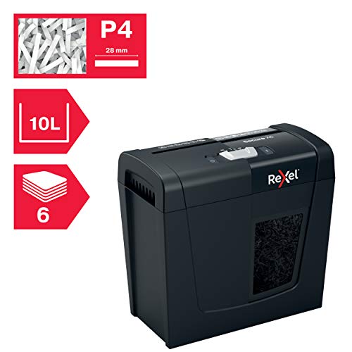 Rexel X6 Cross Cut Paper Shredder, Shreds 6 Sheets, P4 Security, Home/Home Office, 10 litre Removable Bin, Quiet and Compact, Secure Range, 2020122, Black