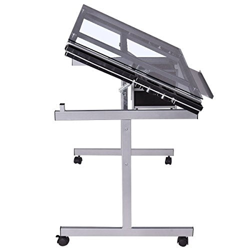 Adjustable Drawing Desk Rolling Drafting Table Glass Top Durable Portable Convenient Design