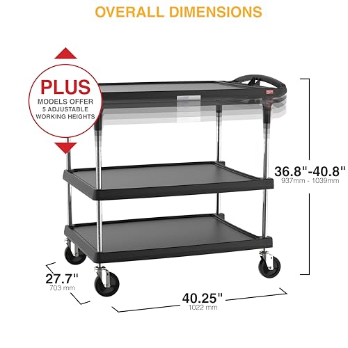 Metro myCart Plus Utility Cart - Choose-Your-Height Adjustable Heavy Duty Rolling Cart for Home, Commercial and Industrial Use - 3-Shelf, 500 lbs Capacity - 27.7" W x 40.25" L x 36.8-40.8" H - Black