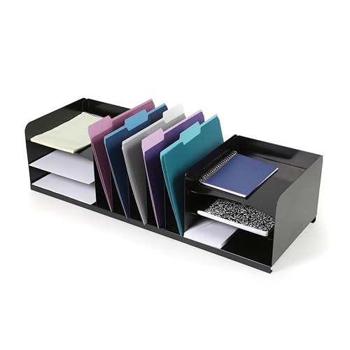 Huron Countertop File Binder Organizer Storage, Combination Vertical 5/Horizontal 6 Slot Letter Tray, Black Steel
