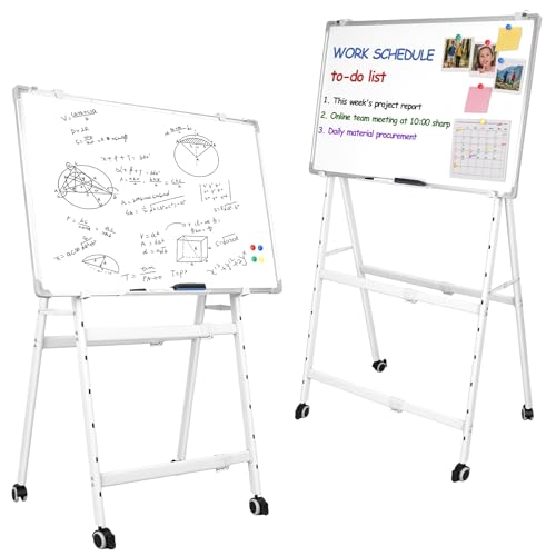 Double-Sided Rolling Whiteboard, Magnetic Mobile Whiteboard with 4 Lockable Swivel Wheels, Height Adjustable Flip Chart Easel Stand, Portable White Board for Home, School & Office Silver 70x100 cm