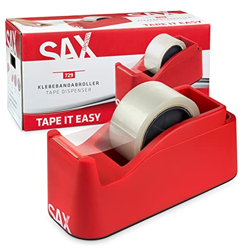 SAX Tape It Easy XXL Single Hand Tape Dispenser Extra Heavy for 1 x 50 mm Tape or 2 x 25 mm Tape, Parcel Tape Dispenser with Pen Holder Function, Non-Slip, Includes Double-Sided Blade, Red