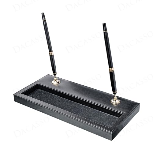 Dacasso Classic Black Leather Double Pen Stand w/Gold Accents - Luxury Executive Decor and Office Desk Surface Protector