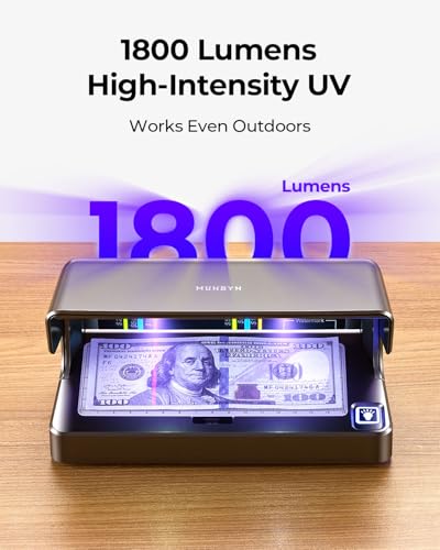 MUNBYN IMC26 Counterfeit Bill Checker, 1800LM Dual LED UV and White Light, One-Button Bill and Document Checker for Cashiers and Small Business, Auto On/Off, Checks All Currencies Bills IDs Cards