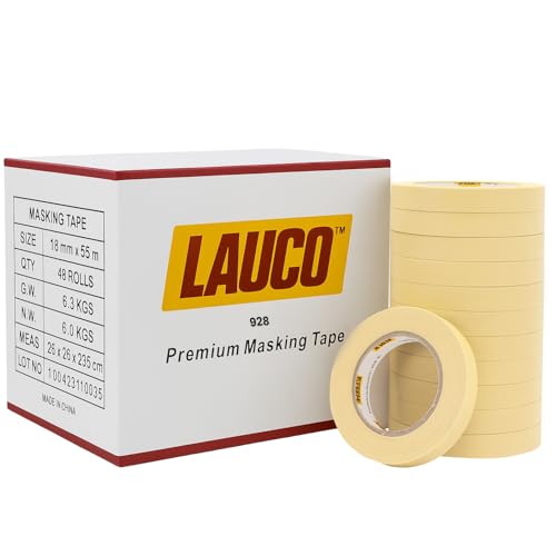 LAUCO 928 Automotive Refinish Masking Beige Tape Case of 48 Rolls, Size 18 x 55M (3/4 inch x 60 Yards) - Strong Performance Tape BLMT18