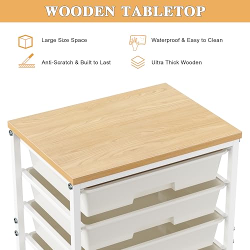 Rolling Cart with 8 Drawers, 8‑tier Drawer Organizer with Wooden Tabletop & Lockable Wheels, Rolling Storage Cart with Drawers for Home, Office, Classroom and Pantry Storage (White)