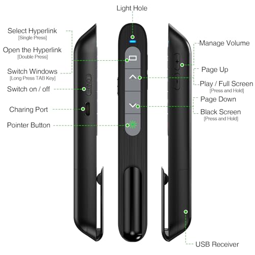 USB C Rechargeable Presentation Clicker with Green Light, Remote Clicker for Presentations Wireless Presenter Slide Changer PPT Advancer with Volume Control for Laptop Computer