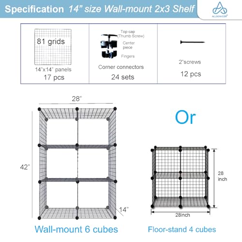Allgonicer DIY Assemble Wire Grid Wall-Mount (6 Cubes) or Floor-Stand (4 Cubes) Storage Shelf (Wall-Mount Shelf, 14x14x14"-6cubes)