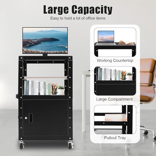 Subiudzzh AV Cart, Media Cart AV Presentation Cart Stand with Pullout Laptop Tray & Power Strip Capacity 35 Kg/77 Lbs for Classrooms, Conference Rooms 24 x 18 x 41.5 Inch Black