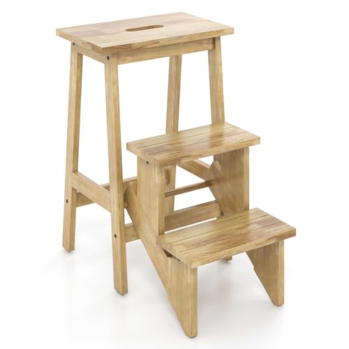 GLACER 3-Tier Folding Step Stool, Portable Wood Step Ladder for Adults & Kids, 3-in-1 Storage Shelf Flower Rack Foot Stool, Ideal for Home, Kitchen, Library (Natural)