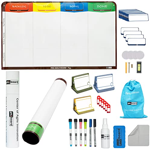 PMXBOARD 4-Column Magnetic Kanban Board Kit – Board + 64 Magnetic Cards | Flex Dry Erase Scrum & Project Planning Whiteboard
