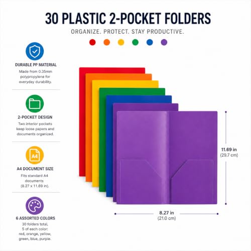 Encased Plastic 2-Pocket Folders, Assorted Colors - 30 Pack