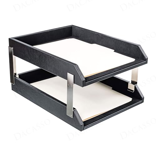Dacasso Classic Black Leather Front-Load Double Letter Tray Set w/Silver Stacking Posts - Luxury Executive Decor and Office Essential - Desk Surface Protector