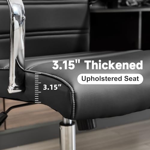 Office Desk Chair Leather, Conference Room Chairs with Wheels, Modern Executive Office Chairs Adjustable Height, Ergonomic Swivel Rolling Ribbed Computer Chair(Black)