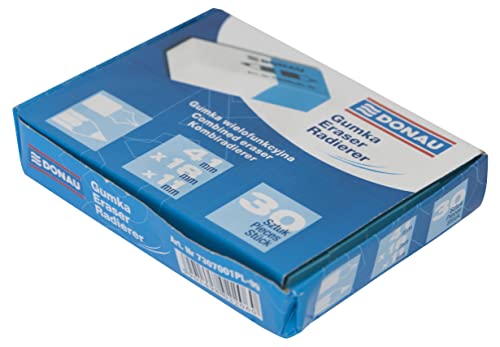 Donau 7307001PL-99 Eraser/Pack of 30 / Colour: White/Blue/Eraser for Pencils and Ballpoint Pens/Made of High-Quality Rubber/Can be Used on Both Sides / 41 x 18 x 11 mm