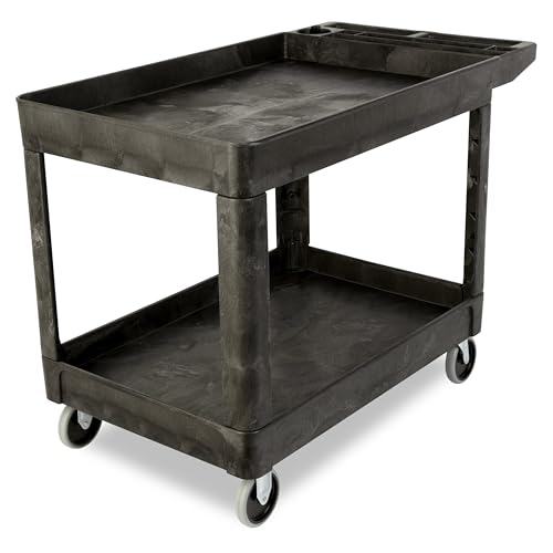 Rubbermaid Commercial Products 2-Shelf Utility/Service Cart, Medium, Black, Lipped Shelves, Ergonomic Handle, 500 lbs. Capacity, for Warehouse/Garage/Cleaning/Manufacturing